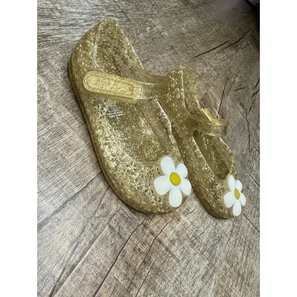 Toddler Girls Gold Glitter Jelly Shoes Daisy Flower Mary Jane Flats Size 7